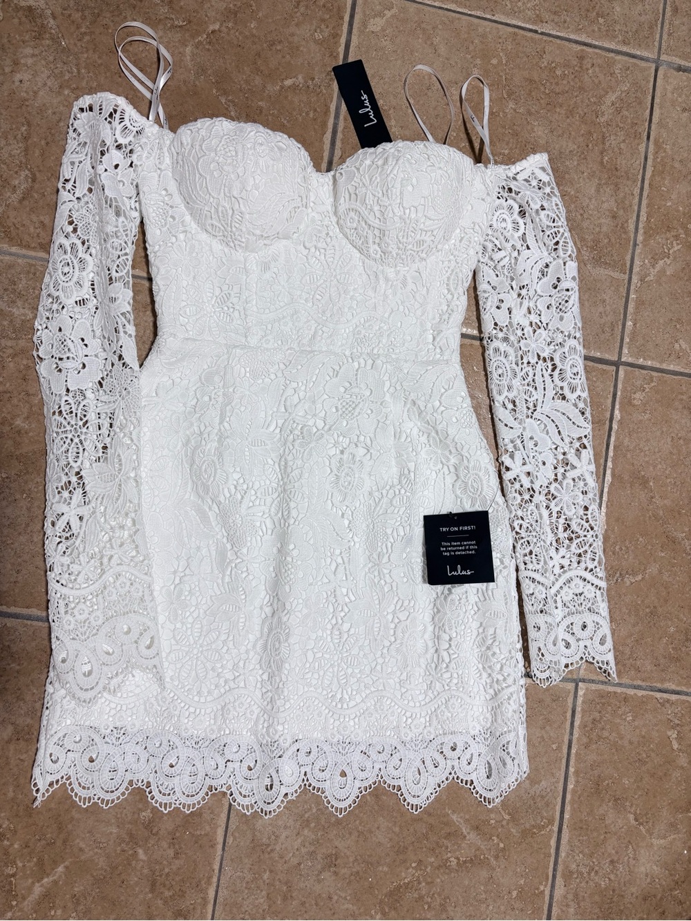 Lulu's White Lace Off-Shoulder Long Sleeve Mini Dress